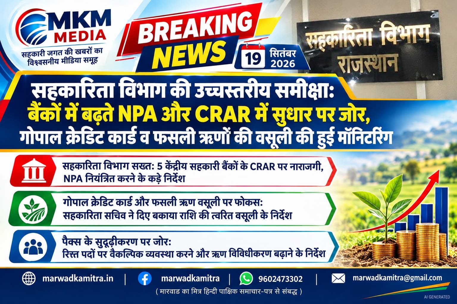 सहकारिता विभाग की समीक्षा बैठक: सहकारी बैंकिंग सेक्टर में एन.पी.ए. (NPA) और सीआरएआर (CRAR) सुधार पर जोर, गोपाल क्रेडिट कार्ड व फसली ऋण वसूली (Crop Loan Recovery) की हुई मॉनिटरिंग | Marwad Ka Mitra IMG 20260919 WA0001