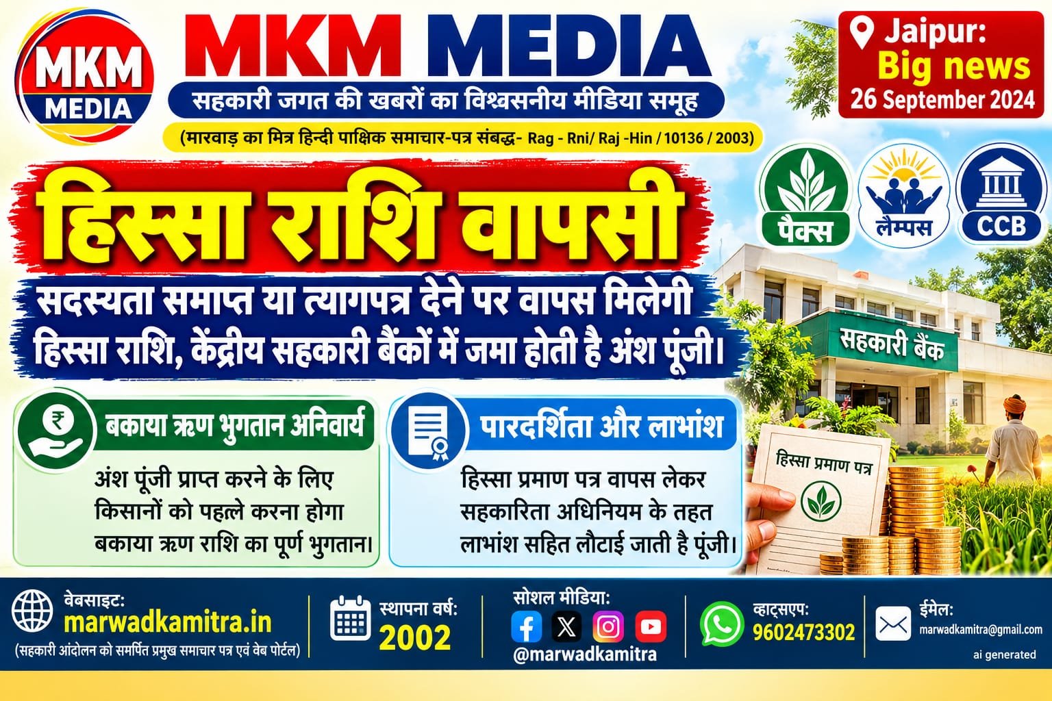 सदस्यता समाप्त या त्यागपत्र देने पर वापस मिलेगी हिस्सा राशि (Share Capital), केंद्रीय सहकारी बैंकों (Central Cooperative Banks) में जमा होती है अंश पूंजी (Share Capital) | Marwad Ka Mitra IMG 20260926 WA0008
