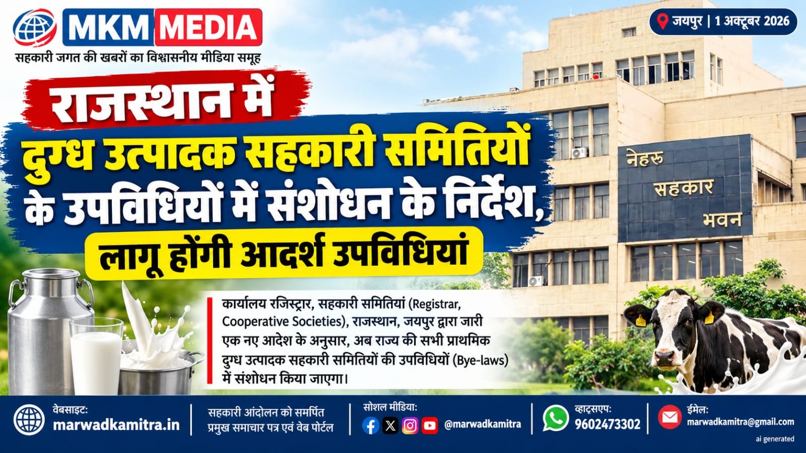राजस्थान में दुग्ध उत्पादक सहकारी समितियों की उपविधियों में संशोधन के निर्देश, आदर्श उपविधियां लागू करने की तैयारी | Marwad Ka Mitra IMG 20261001 WA0012