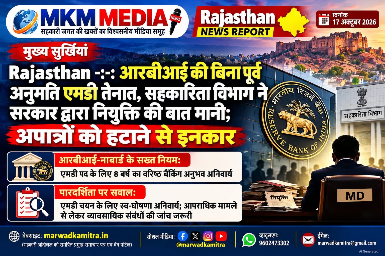 आरबीआई की अनुमति के बिना ही नियुक्त कर दिए प्रबंध निदेशक, सरकार का हटाने से इनकार | Marwad Ka Mitra IMG 20261017 WA0012