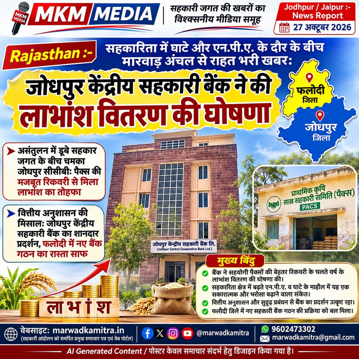 सहकारिता में मिसाल: प्रदेश में घाटे और एनपीए की मार, मारवाड़ में जोधपुर सीसीबी ने घोषित किया लाभांश | Marwad Ka mitra IMG 20261027 WA0010