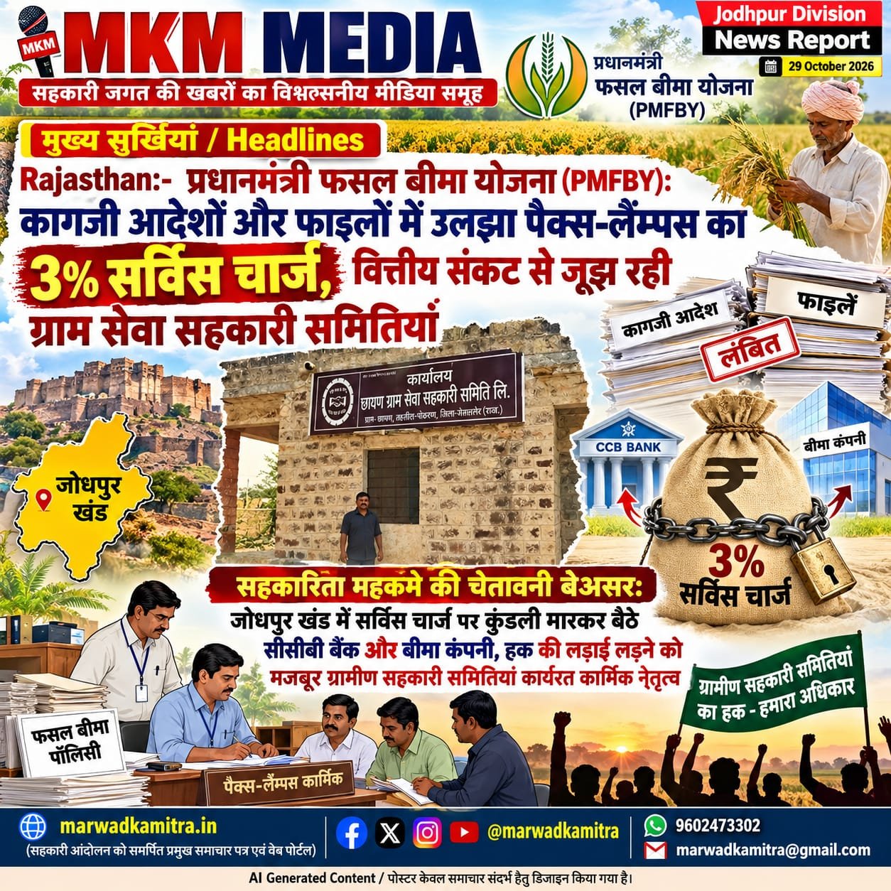 प्रधानमंत्री फसल बीमा योजना (P M F B Y) में सर्विस चार्ज (Service Charge) की मार: कागजी आदेशों के बीच धरातल पर अपने वित्तीय संसाधन झोंक रही हैं ग्राम सेवा सहकारी समितियां | Marwad Ka mitra