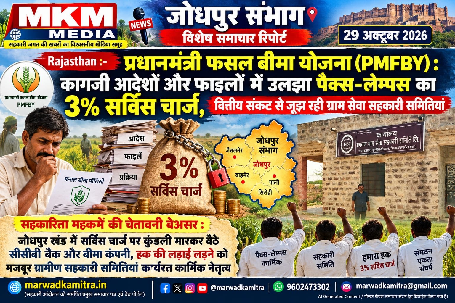 प्रधानमंत्री फसल बीमा योजना (P M F B Y) में सर्विस चार्ज (Service Charge) की मार: कागजी आदेशों के बीच धरातल पर अपने वित्तीय संसाधन झोंक रही हैं ग्राम सेवा सहकारी समितियां | Marwad Ka mitra